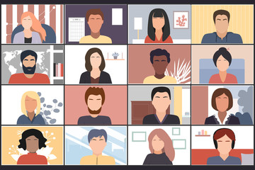 Online students lesson or meeting. Coronavirus quarantine distance education concept. Stay at home vector illustration. Studying pupils or students. Laptop screenshot