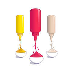 Ketchup, mustard and mayonnaise dripping from bottle into bowl. Vector illustration in cartoon style.