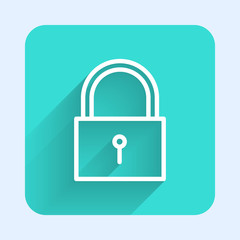 White line Lock icon isolated with long shadow. Padlock sign. Security, safety, protection, privacy concept. Green square button. Vector Illustration