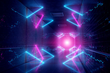 Glowing blue and pink neon light tubes in long dark underground tunnel reflecting on walls and floor 3D rendering