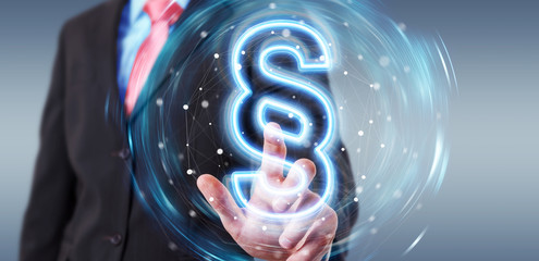 Man using law paragraph digital neon hologram 3D rendering