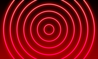 Abstract red neon light circles background.