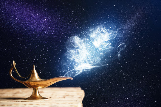 Genie appearing from magic lamp of wishes. Fairy tale