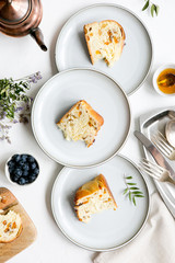 Pieces of pie on plates, top view, flatlay