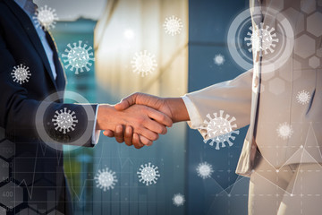 Leaders greeting each other in isolation and virtual pandemic graphics. Business women in office jackets shaking hands outside. Communication and virtual deal concept