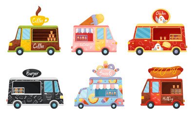 Street Food Vans Selling Coffee and Ice Cream Vector Set
