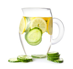 Jug of cucumber infused water on white background