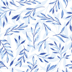 Vector Blue Gouache Textured Leaves with Shadow Seamless Pattern