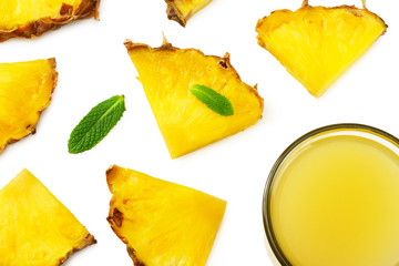 Sliced ripe pineapple with juice isolated on white background. healthy background. top view