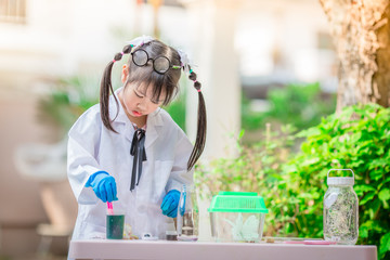 Close-up background view of a cute girl Who are learning science, business concepts, experimenting with chemical coloring or marketing planning