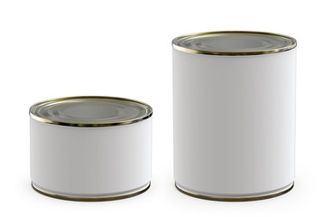 Set of Small and Large White Round Food Tin Cans with Matte Label. Realistic 3D Render Isolated on White.