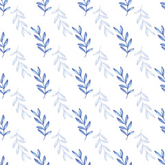 Vector Blue Gouache Textured Leaves Grid Seamless Pattern