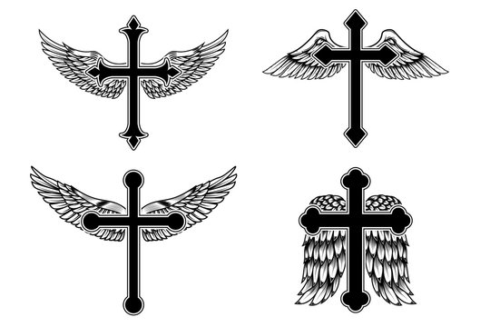 Set of illustrations of winged christian religious crosses. Design element for infographic, emblem, sign, poster, car, banner. Vector illustration