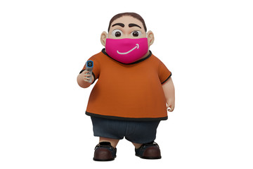 3d rendering of the cute fat boy characters holding the thermometer gun and wearing a face mask against the COVID-19 pandemic, isolated on white background with clipping paths.