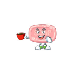 An image cartoon character of pink soap with a cup of coffee