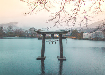 A torii gate in Kinrin lake