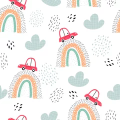 Wall murals Cars Seamless pattern with cars, rainbows, decor elements. colorful vector for kids. hand drawing, flat style. baby design for fabric, print, textile, wrapper