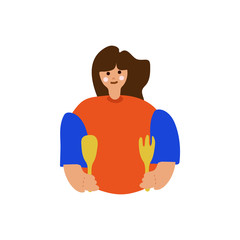 Illustration of a cooking girl. Freehand drawing illustrating the cooking process. Family drawing, daughter prepares to eat, vegetables, spoon. Great for poster, menu