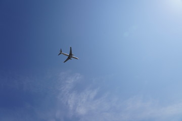 Plane flying in the sky seen from below