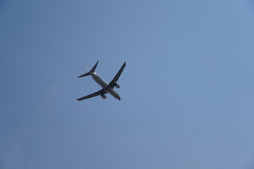 Plane flying in the sky seen from below