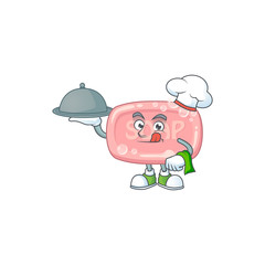 A pink soap chef cartoon design with hat and tray