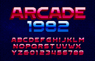 Arcade 1982 alphabet font. Pixel gradient letters and numbers. Pixel background. 80s arcade video game typescript.