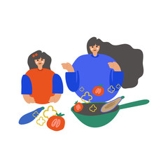 Illustration of a family cooking. Freehand drawing illustrating the cooking process. Family drawing, mother, and daughter prepare to eat, vegetables, a spoon. Great for poster, menu