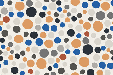Modern vector abstract seamless geometric pattern with circles (dots) in scandinavian style. Orange, blue rounds on white background. Simple hand drawn texture, print, Wallpaper, template for interior
