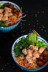 Two assorted bowls with salmon, vegetables, and rice. Hawaiian Poke cuisine.