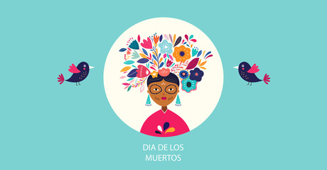 Mexican woman with flowers and birds