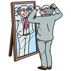 businessman looks at himself in love in the mirror and post. courage, confident, comic.
