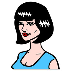 woman with fashionable 20s bob hairstyle. blue top, avatar, comic.