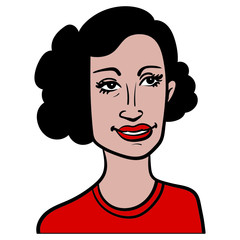 Mediterranean woman with black curly hair and red lipstick. red top, portrait, avatar, comic.