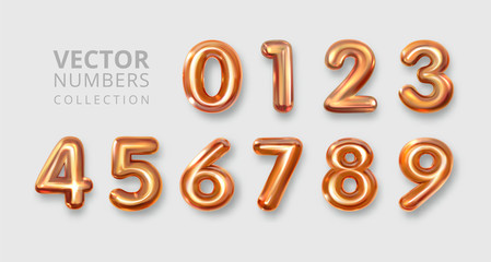 Set of metal numbers. Number 1 2 3 4 5 6 7 8 9 0. Alphabet Font. Typography Design Element. Party Background. Foil Symbol. Bright Metallic 3D, vector realistic illustration