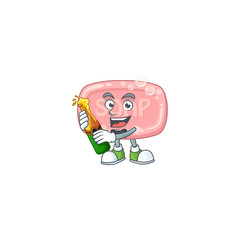 Mascot cartoon design of pink soap making toast with a bottle of beer