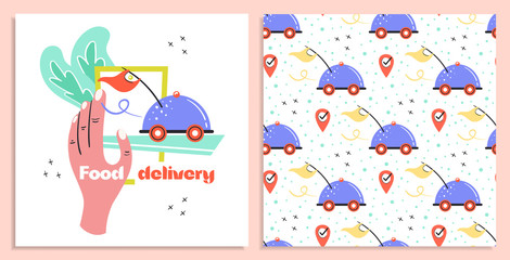 Fast food delivery. Fast shop service. Driving tray with yellow flag postcards. Coronavirus pandemic self isolation, protection. Flat colourful vector illustration, art isolated on pink background.