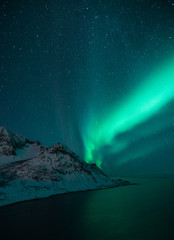 polar lights also called northern lights or aurora borealis in northern norway during winter above a fjord and snow covered mountains