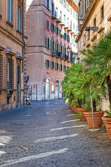 Fototapeta na wymiar Narrow cobbled old street of Rome, Italy