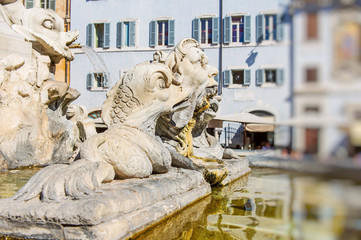 MArble fountain on Piazza della Rotonda in Rome, Italy.