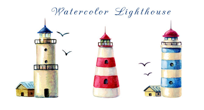 hand drawn watercolor lighthouse collection.lighthouses isolated on white background. illustration of red and blue striped beacons and white lighthouse with keepers houses and seagulls