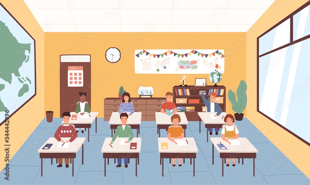 Poster smiling pupils sitting at desks in classroom. geography room interior. children listening lecture at