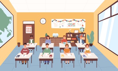 Smiling pupils sitting at desks in classroom. Geography room interior. Children listening lecture at primary school. Happy classmates studying. Vector illustration in flat cartoon style