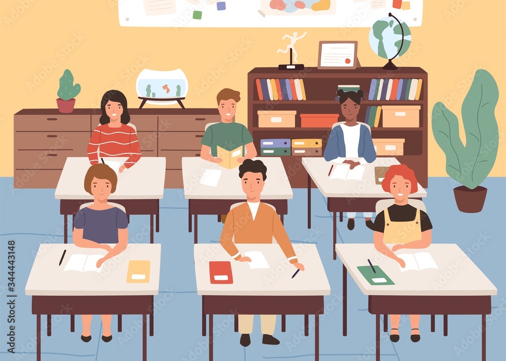 Aufkleber smiling classmates listening lecture in geography room. children sitting at desks in classroom. pupi