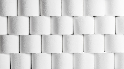 Front view of rows of toilet paper rolls