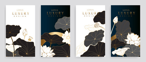 Luxury cover design template. Lotus line arts hand draw gold lotus flower and leaves. Design for packaging design, social media post, cover, banner, creative post, Gold geometric pattern design vector