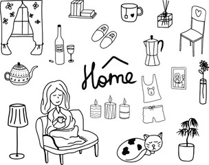 Stay home. Hand drawn set with home items. Girl sitting in plaid, coffee, tea pots, vase, flowerpot, curtains, cat, candles. Vector isolated elements. Doodle style. Outline