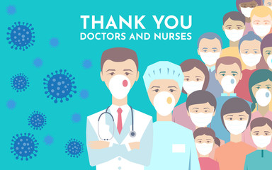 Fototapeta na wymiar Thank you doctors and nurses working in the hospitals and fighting the coronavirus, vector illustration