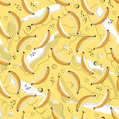 Tragetasche Gelbes nahtloses Muster mit Bananen und Palmblättern. Vektor tropische Illustration. © Татьяна Малиновская