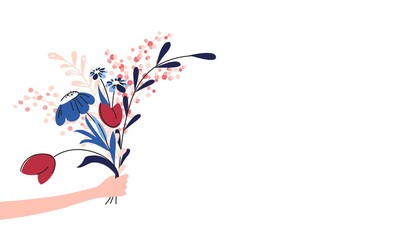 Vector illustration of hand holding bouquet of flowers.