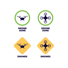 Drone flying aviation concept. Vector flat illustration set. Collection of circle and rhomb green and white attention sign with drone isolated on white background. Design for banner, poster, web